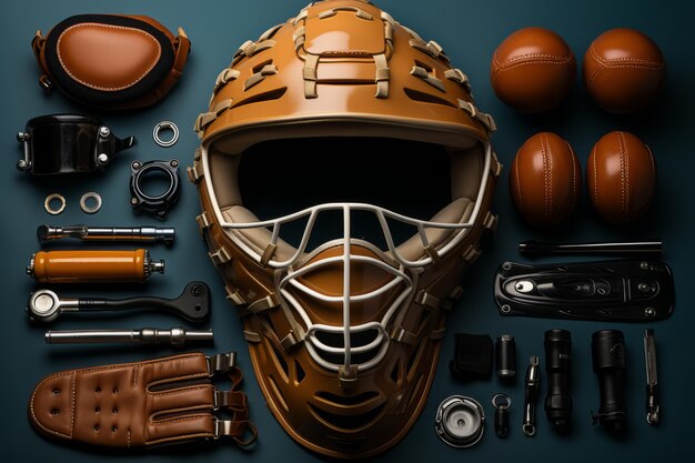 Foto maschera e guanti del ricevitore di baseball che mostrano l'attrezzatura utilizzata nel baseball ai generativa