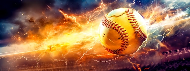 Бейсбол в красочном взрыве огненной энергии и спортивных движений, созданных Генеративным ИИ