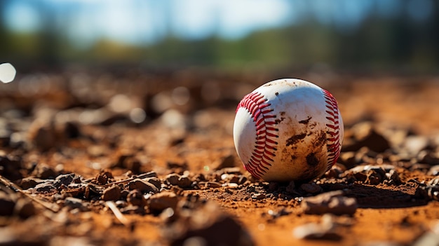 a baseball in the dirt with the base in focus