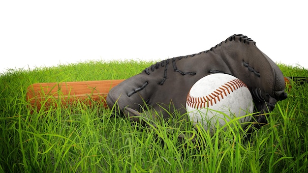 Бейсбольный перчаточный мяч и летучая мышь 3D иллюстрация на белом фоне