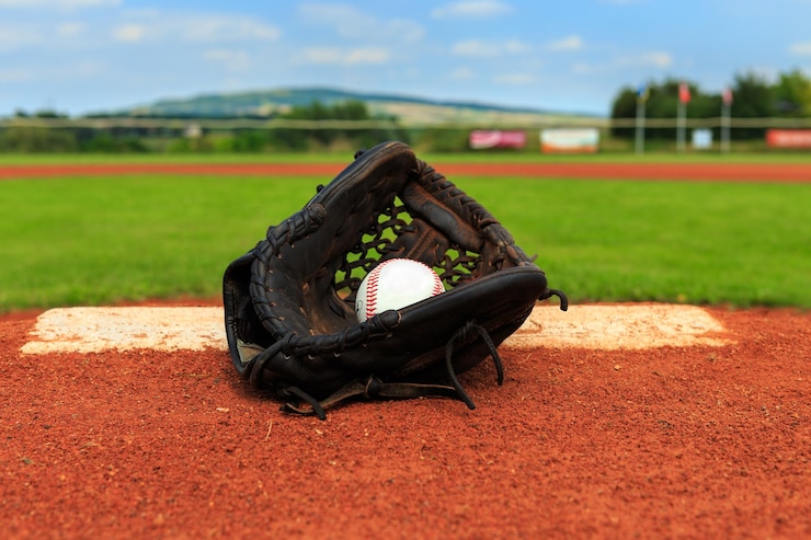 Photo baseball glove and ball on pitchers mount close-up