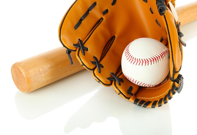 Photo baseball glove bat and ball isolated on white