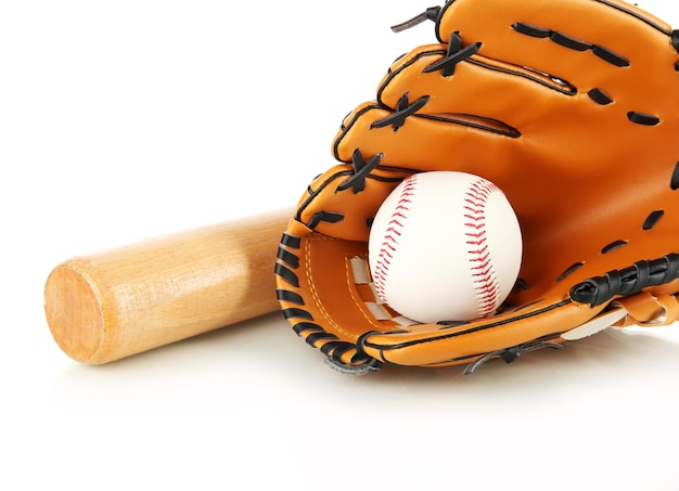 Photo baseball glove bat and ball isolated on white