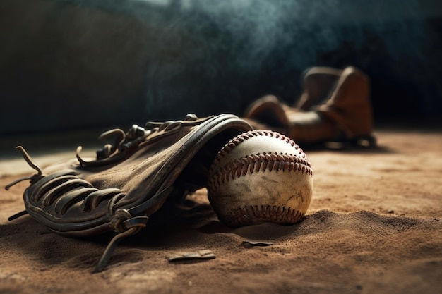 Бейсбол в перчатке, лежащий на насыпи питчера на поле с мячом, сгенерированном AI