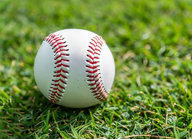 A baseball is sitting on the grass with the red stitching on it.