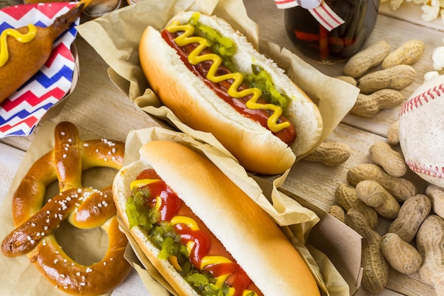 Baseball party food with balls and glove on a wood table.