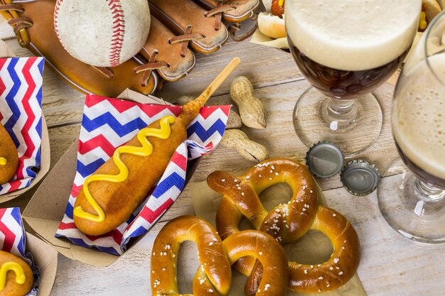 Baseball party food with balls and glove on a wood table.