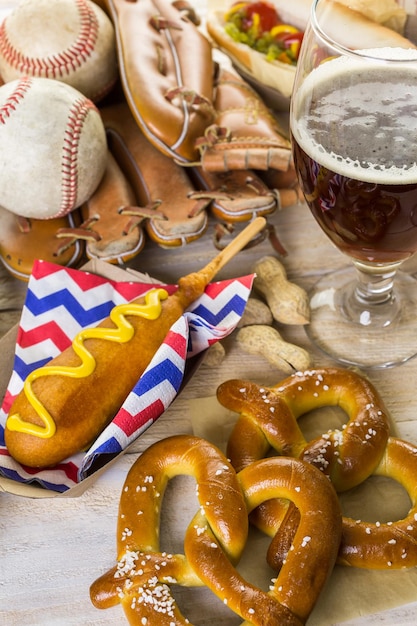 Baseball party food with balls and glove on a wood table.