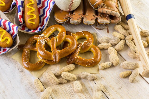 Baseball party food with balls and glove on a wood table.