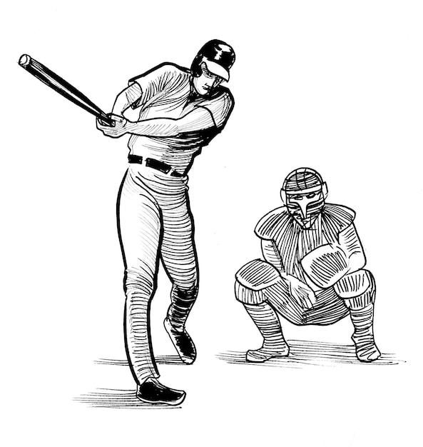 Baseball player Handdrawn ink black and white illustration