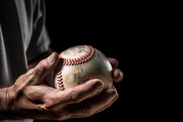 Photo a baseball player holds a ball in his hands.