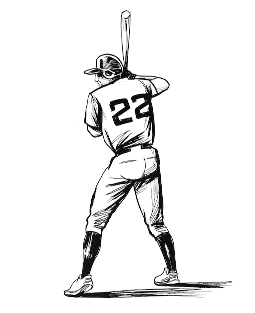 Baseball player. Ink black and white drawing