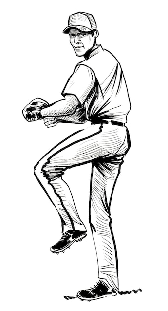 Baseball player. Ink black and white drawing