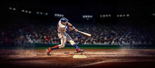 Photo a baseball player is about to hit the ball he was wearing a generic unbranded baseball uniform the game takes place in an outdoor baseball stadium full of spectators bright purple orange and blue