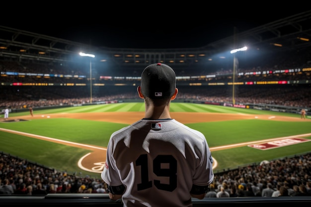 Baseball player at night game looking out at the field