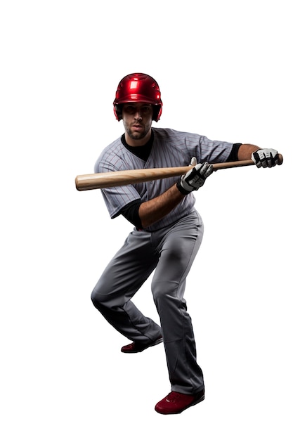 Бейсболист в красной форме.