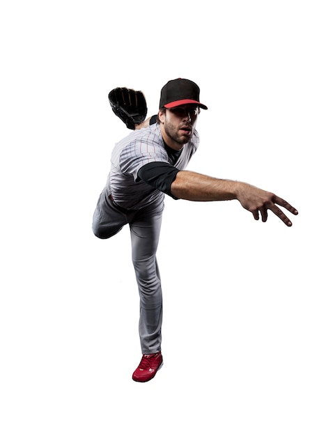 Giocatore di baseball in uniforme rossa ,.