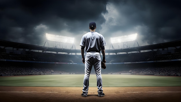 Baseball player standing ready in the middle of baseball arena stadium copyspace area Generative AI