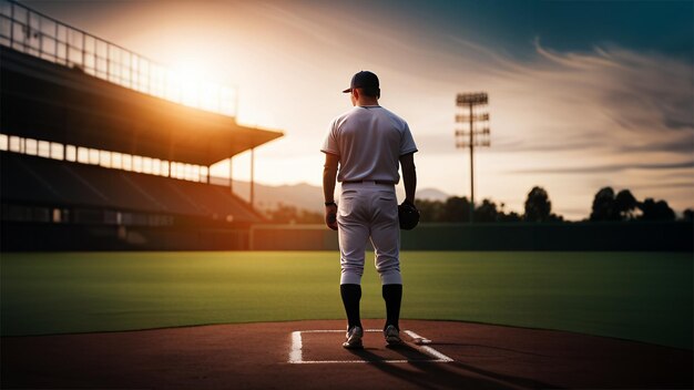 A baseball player stands on the mound in front of a stadium generative AI