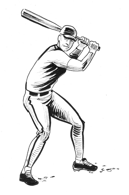 Baseball player with a bat. Ink black and white drawing