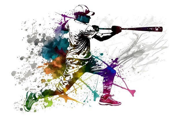 Photo baseball player with multicolored watercolor splash isolated on white background neural network generated art