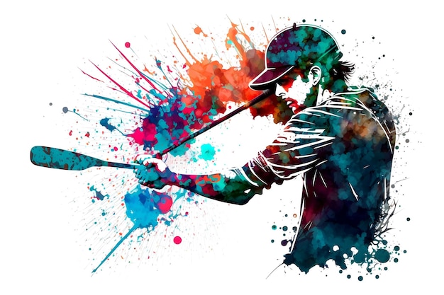 야구 선수, 와, 여러 가지 빛깔의, 수채화 물감, 튀김, 고립된, 백색 위에서, 배경, 신경망, 예술