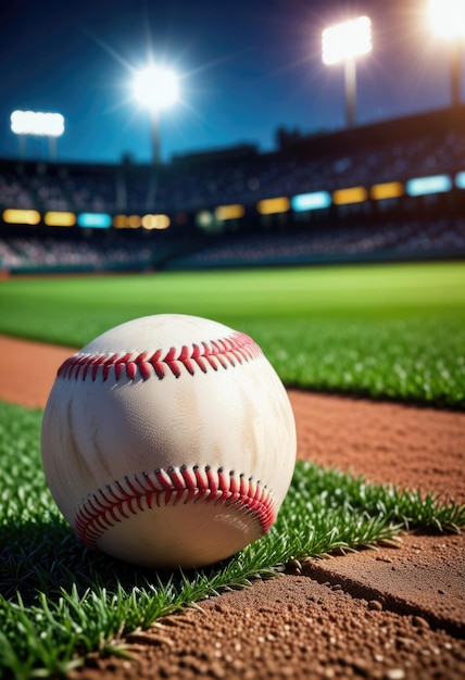 A baseball rests on the vibrant green of a baseball field ready for the game to begin