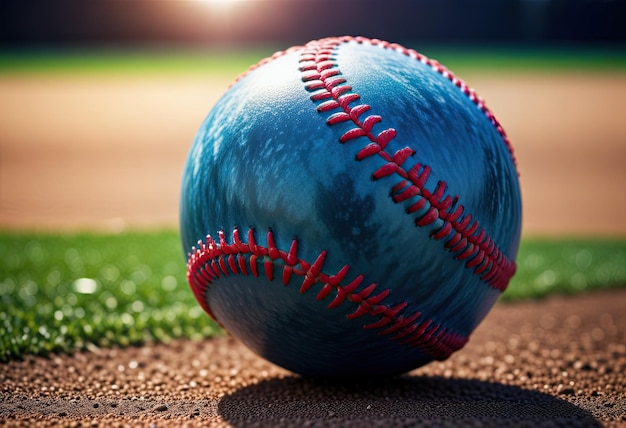 A baseball rests on the vibrant green of a baseball field ready for the game to begin