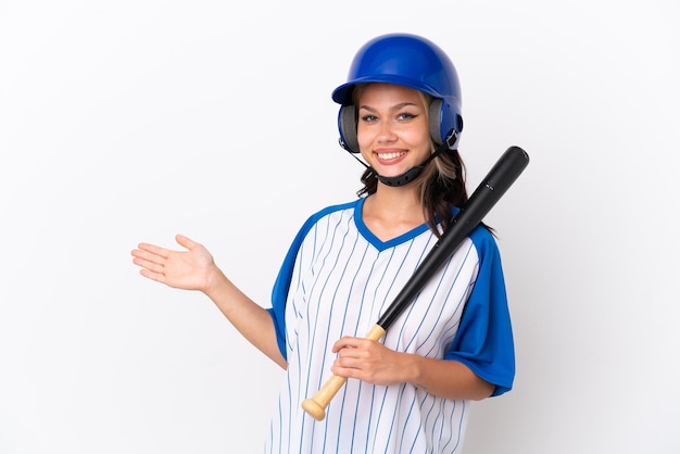 Baseball Russian girl player with helmet and bat isolated on white background extending hands to the side for inviting to come