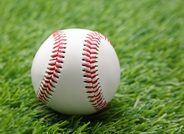 A baseball sits on the grass with red stitching on it.