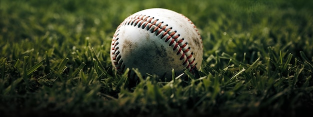 A baseball sits in the grass with the word baseball on it.