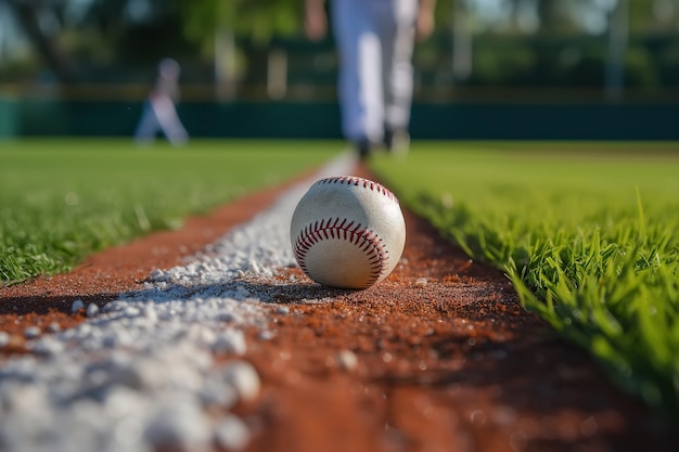 A baseball sits on the side of a baseball field during a game