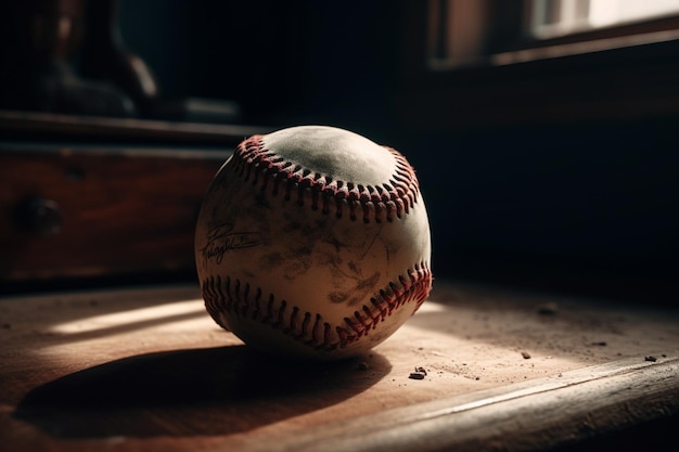 A baseball sits on a table in a dark room with the sun shining on it.