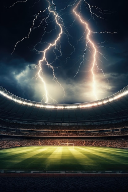 A baseball stadium illuminated by a dramatic display of lightning in the sky Perfect for capturing the excitement and intensity of a game amidst a stormy atmosphere
