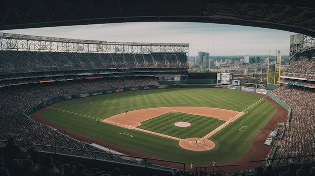 A baseball stadium with a banner reading mets on the wall