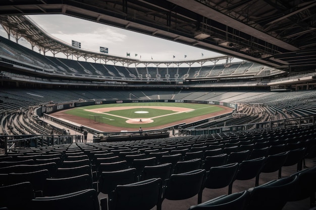 A baseball stadium with empty seats and a sign that says " mets " on it.