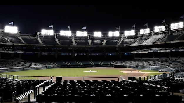 A baseball stadium with a scoreboard at night.