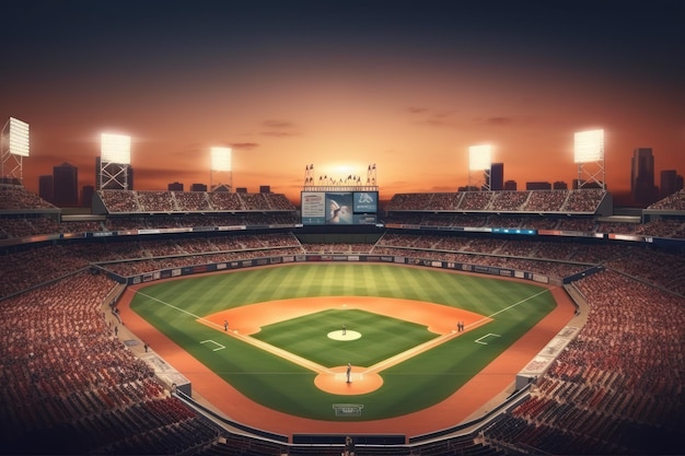 A baseball stadium with a scoreboard at the top.