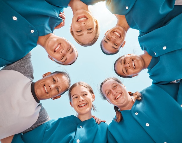 Baseball team and coach with happy smile together with support collaboration and success through teamwork Portrait of a group of sports athletes and their leader with trust faith and solidarity