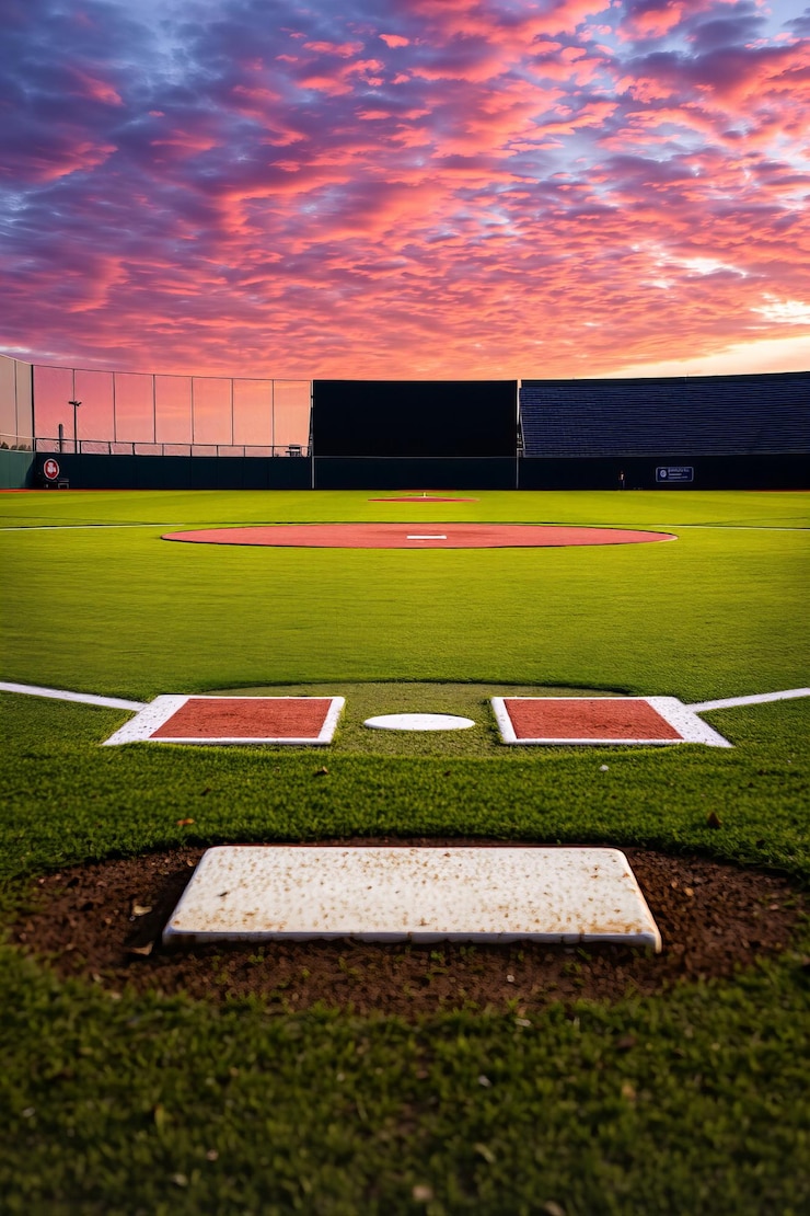 Foto baseball thuisplaat op een honkbalveld bij zonsopgang die de schoonheid van het spel bij dageraad toont