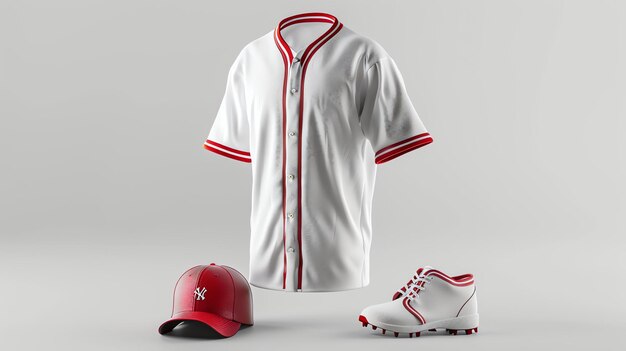 Photo a baseball uniform with a red and white striped pattern the uniform includes a jersey a cap and a pair of cleats