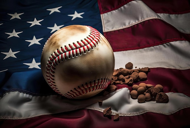 a baseball with a big usa flag in the background