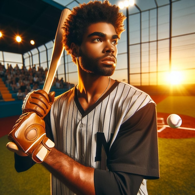 Baseballspeler met knuppel op donkere achtergrond Portret van een honkbalspeler