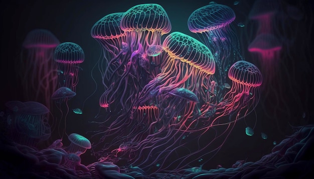 Not based on any actual scene or pattern glowing sea jelly fish Generative AI