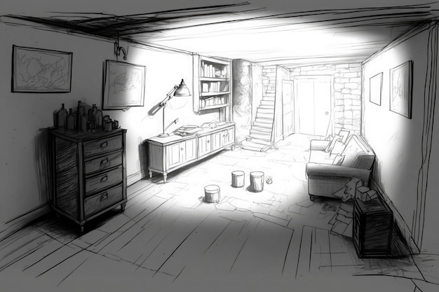Basement filled with clutter pencil sketch of an empty basement