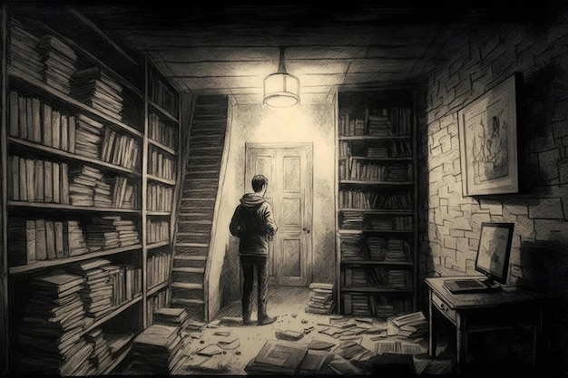 Basement with wall of books pencil sketch