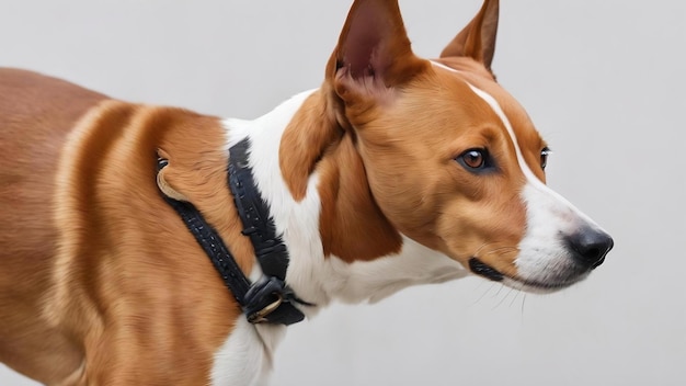 Basenji-hond die zijn neus likt en zijn tanden laat zien. Oogen half gesloten tegen een witte achtergrond.