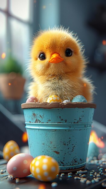 Photo bashful chick peeking out from inside a wallpaper