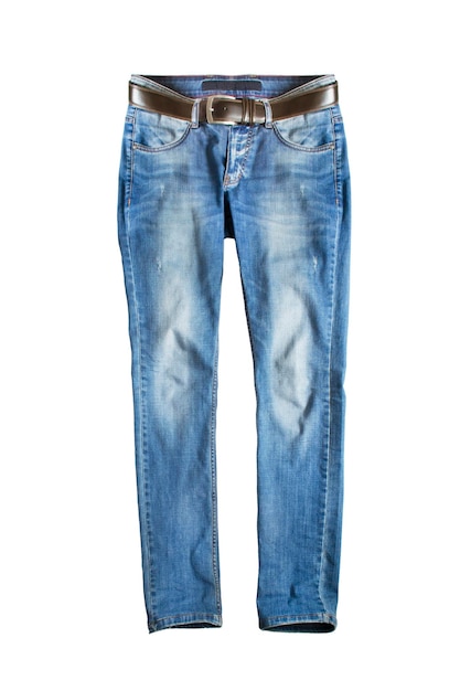 Basic blue jeans with leather belt isolated over white