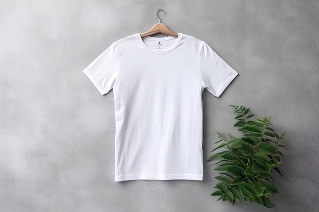 Basic white Tshirt on grey concrete background Mock up for branding tshirt with pocket